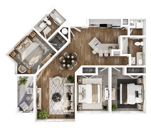 Floor plan for 3 beds, 2 baths, 1345 sqft